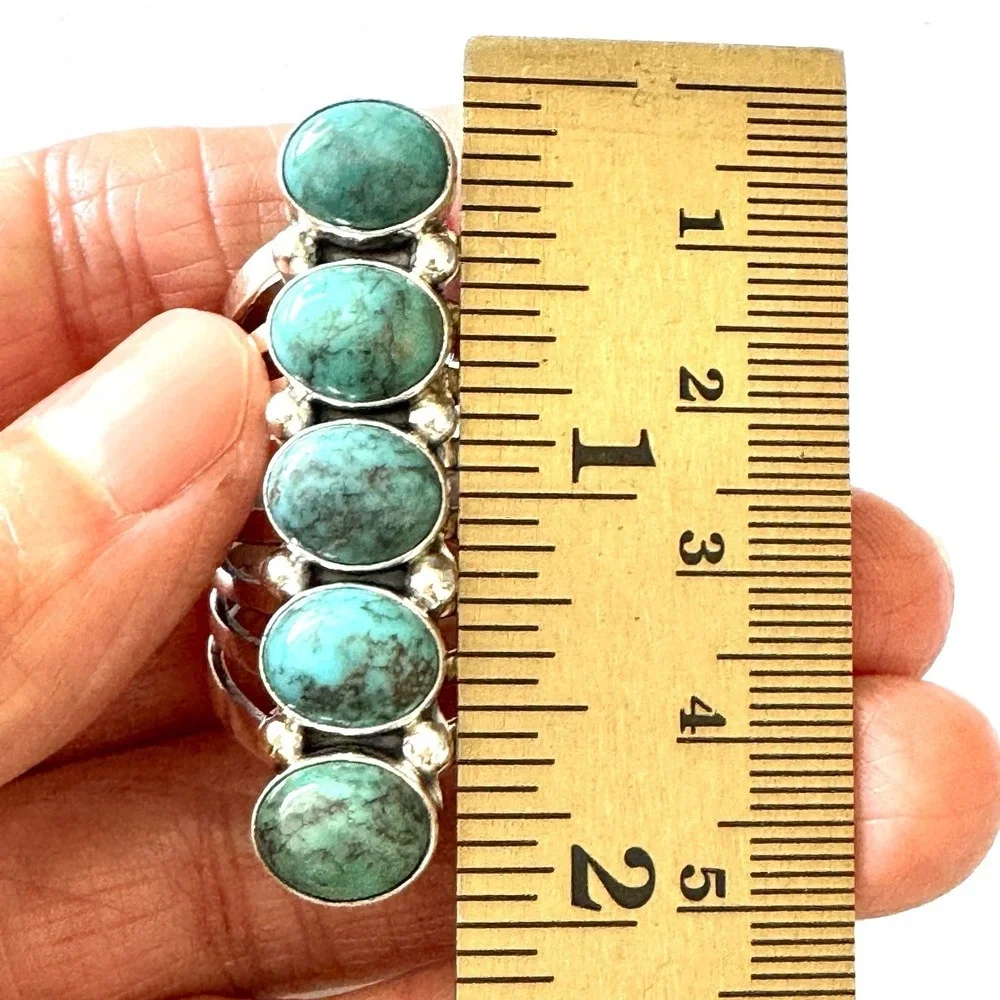Long Navajo Ring Sz 9 Signed Yazzie Turquoise Sterling Native American 5 Stone